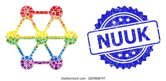 Bright vibrant vector node connections collage for LGBT, and Nuuk scratched rosette seal. Blue stamp seal has Nuuk caption inside rosette.