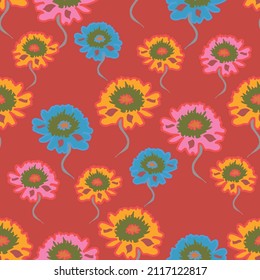 Bright and vibrant vector repeat floral pattern in red, blue and yellow