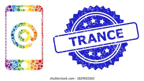 Bright vibrant vector smartphone address collage for LGBT, and Trance scratched rosette stamp seal. Blue stamp seal contains Trance tag inside rosette.