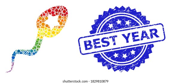 Collage del ganador del esperma vectorial brillante brillante brillante brillante para LGBT, y sello del sello de la rosette rayado en el mejor año. El sello azul tiene el texto de Año Mejor dentro de la roseta.