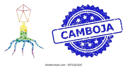 Collage del virus del vector vibrante brillante brillante brillante para LGBT, y sello de sello de rosette sucio de Camboya. El sello azul tiene la etiqueta Camboja dentro de la roseta.