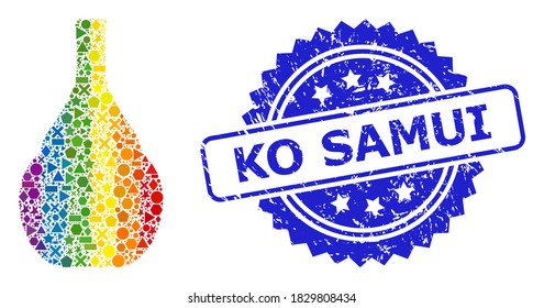 Bright vibrant vector wine jug collage for LGBT, and Ko Samui rubber rosette seal imitation. Blue stamp seal includes Ko Samui tag inside rosette.
