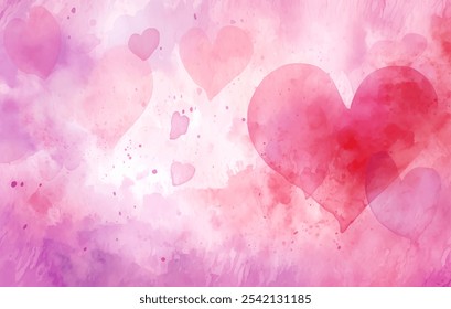 Bright vibrant watercolor background of soft pink and red hearts, a sense of passion and emotion. Flowing colors dreamy, uplifting atmosphere vector design, love romance or celebration background