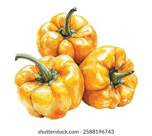 "Bright and vibrant watercolor illustration of three fresh yellow bell peppers with green stems, showcasing their glossy texture and natural beauty. Perfect for culinary, gardening.