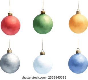 Bright and vibrant watercolor ornaments are displayed in two rows, showcasing a variety of colors including red, green, yellow, silver, blue, and white, perfect for holiday celebrations.