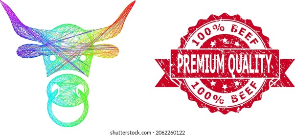 Bright vibrant wire frame bull head, and 100 percent Beef Premium Quality corroded ribbon seal. Red stamp seal has 100 percent Beef Premium Quality caption inside ribbon.