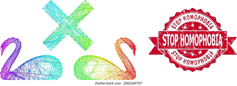 Bright vibrant wire frame divorce swans, and Stop Homophobia rubber ribbon stamp seal. Red stamp seal contains Stop Homophobia title inside ribbon.