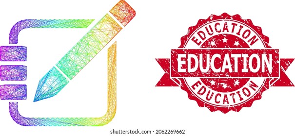 Bright vibrant wire frame edit records, and Education scratched ribbon stamp seal. Red stamp seal contains Education title inside ribbon.Geometric hatched carcass flat net based on edit records icon,