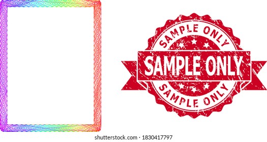 Bright vibrant wire frame empty page, and Sample Only scratched ribbon seal print. Red stamp seal has Sample Only caption inside ribbon.Geometric wire frame 2D network based on empty page icon,