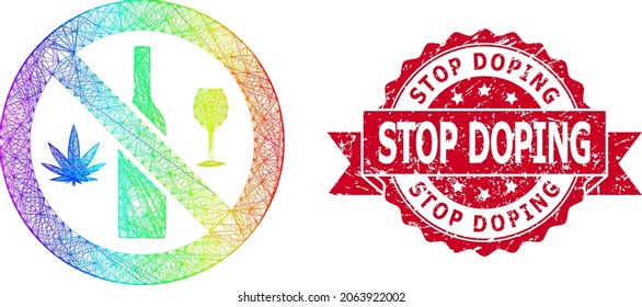 Bright vibrant wire frame forbidden wine drugs, and Stop Doping corroded ribbon stamp seal. Red stamp seal has Stop Doping title inside ribbon.