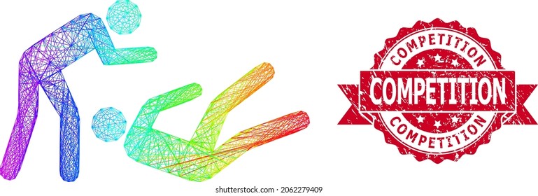 Bright vibrant wire frame judo struggle, and Competition rubber ribbon stamp seal. Red stamp seal has Competition caption inside ribbon.Geometric wire frame flat net based on judo struggle icon,