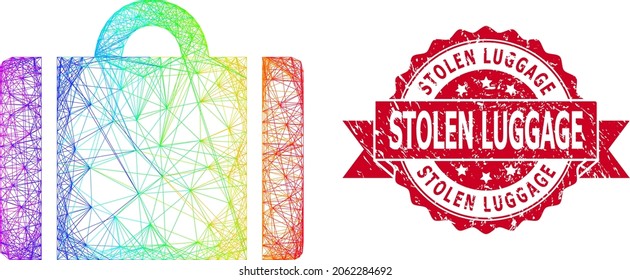 Bright vibrant wire frame luggage, and Stolen Luggage dirty ribbon seal. Red stamp seal contains Stolen Luggage text inside ribbon.Geometric wire frame 2D net based on luggage icon,