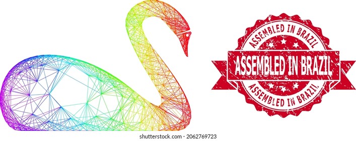 Bright vibrant wire frame swan, and Assembled in Brazil unclean ribbon stamp seal. Red stamp seal includes Assembled in Brazil tag inside ribbon.Geometric wire carcass 2D net based on swan icon,