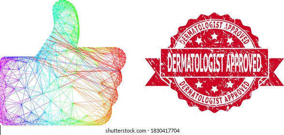Pulgar hacia arriba en el marco del alambre vibrante brillante brillante brillante y sello de sello de cinta texturizado aprobado por el dermatólogo. El sello rojo tiene el texto aprobado por el dermatólogo dentro de la cinta.