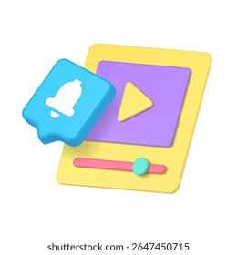 Bright video player symbol with red notification badge in a colorful modern style represents streaming, media, alerts, and communication. 3d icon realistic vector illustration