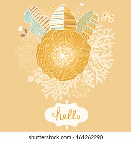 Bright vintage card in vector. Floral background made of leafs, corals, poppy flower and butterflies in stylish cartoon style