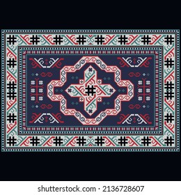 Bright vintage carpet in blue tones with red, blue and black patterns on the borders and a gray ornament in the center on a black background