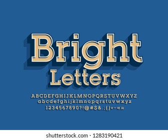 Bright vintage Font. Vector Retro style 3D Alphabet Letters, Numbers and Symbols.