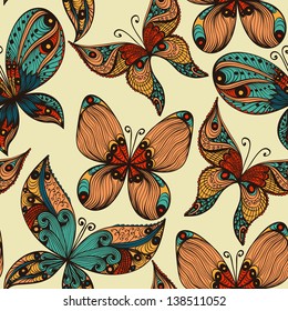 Bright vintage hand drawn seamless background with butterflies
