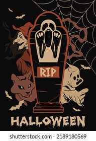 Bright vintage holiday poster. Hand drawn funny template for Halloween. Illustration with a witch, a ghost, a cat for the design of postcards, party invitations, advertising.