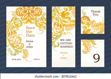 Bright vintage ornate cards. Orange floral decor. Concept autumn wedding invitation. Template frame for save the date and greeting card. Vector border with place for text. Easy to use, layered.