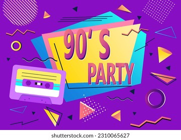 Afiche de época brillante de los años 90 y 80. Cassette a la grabadora de cinta, texturas retro vintage. Plantilla para eventos musicales al estilo de música pop y rock, publicidad, banner e invitación a