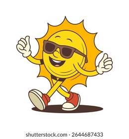 Bright vintage sun mascot wearing sunglasses walking confidently and showing a thumbs up gesture. Suitable for summer, vacation, weather, and playful branding projects. Vector illustration