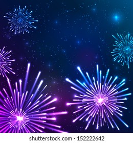 Bright violet and blue vector fireworks in the night sky