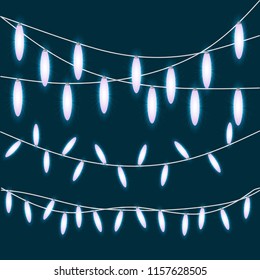 Bright violet Christmas lights isolated design elements. Glowing string lights for Party, Holiday, New Year, birthday or greeting card design. Garlands, Christmas decorations. Template or mock up.