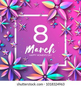 Bright Violet Holographic Flowers. Happy Womens Day. International 8 March. Trendy Mothers Day. Modern Paper cut Futuristic Floral Greetings card. Spring blossom decor. Square frame. Text. Holidays
