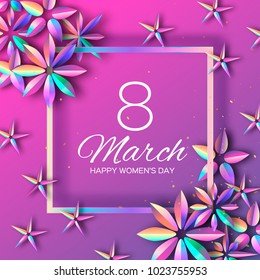Bright Violet Holographic Flowers. Happy Womens Day. International 8 March. Mothers Day. Modern Paper cut Futuristic Floral Greetings card. Spring blossom decor on purple. Square frame. Text. Holidays