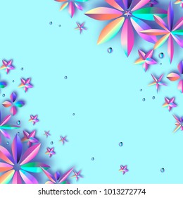 Bright Violet Holographic Flowers. Modern Paper cut Futuristic Floral card. Trendy Spring blossom decoration on blue.