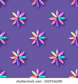 Bright Violet Holographic Flowers Seamless pattern. Modern Paper cut Futuristic Floral card. Spring blossom decor on purple.