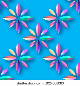 Bright Violet Holographic Flowers Seamless pattern. Modern Paper cut Futuristic Floral card. Spring blossom decor on blue.