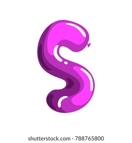 Bright violet letter S in shape of glossy balloon. Cartoon English alphabet font. ABC concept. Isolated flat vector design for promo banner, invitation card, poster