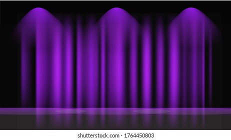 Luz violeta brillante en la cortina de ropa y reflexión en el suelo