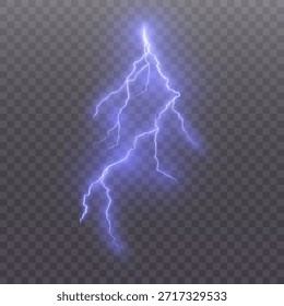Perno de relámpago violeta brillante con arcos eléctricos ramificados y neblina brillante, efecto de golpe de energía aislado sobre fondo transparente. Ilustración vectorial.