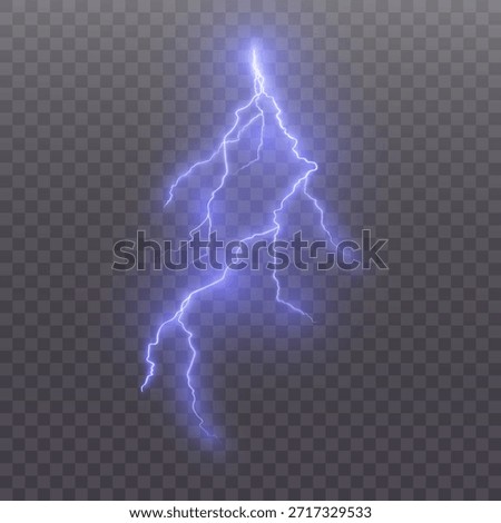 Bright violet lightning bolt with branching electric arcs and glowing haze, energy strike effect isolated on transparent background. Vector illustration.