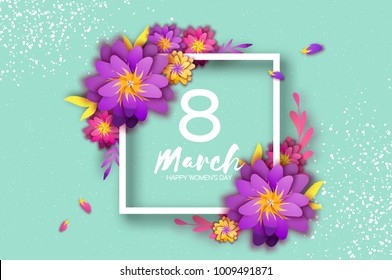Bright Violet Origami Flowers. Happy Womens Day. 8 March. Trendy Mothers Day. Paper cut Exotic Tropical Floral Greetings card. Spring blossom on green. Square frame. Text. Holidays. Modern decor