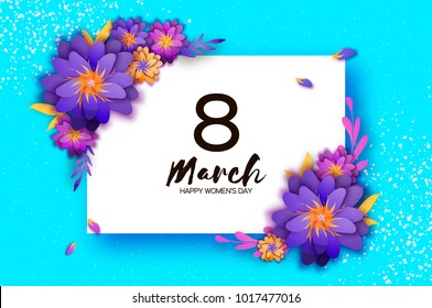 Bright Violet Origami Flowers. Happy Womens Day. 8 March. Trendy Mothers Day. Paper cut Exotic Tropical Floral Greetings card. Spring blossom on blue. Rectangle frame. Text. Holidays. Modern decor.