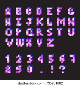 Bright violet pixel uppercase alphabet and figures. Retro pixel font. Vector illustration for your graphic design.