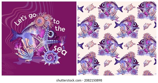 Bright violet print and seamless pattern. Underwater world. Big fish, turtles, Jellyfish, starfish, algae, corals and shells. Textile, hand drawn style print. Vector illustration.