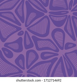 bright violet seamless pattern with fancy doodle elements. violet splashes with stripes. beautiful fantastic flowers with big petals. elegant fabric design