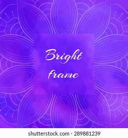 Bright violet square frame with lotus petals. Vector watercolor background. Template with place for your text.