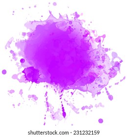 Bright violet vector ink splash with drops and stains.