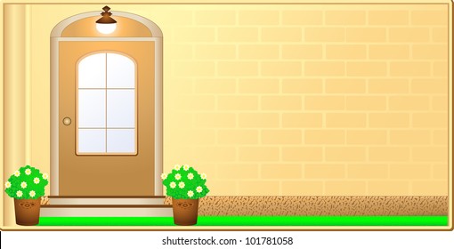 bright visiting card with cozy house and door. space for text