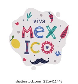 Bright Viva Mexico Inscription with Moustache and Foliage Element Vector Composition