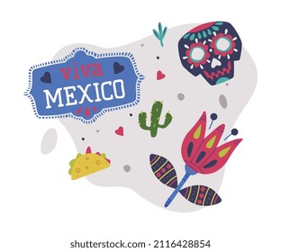 Bright Viva Mexico Object with Flower, Skull and Cactus Element Vector Composition