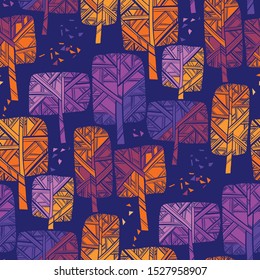 Bright vivid autumn park tree seamless pattern for background, fabric, textile, wrap, surface, web and print design. October colorful forest tile rapport. Hand drawn modern style Vector illustration.
