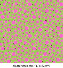 Bright vivid berries ditsy seamless pattern  for fabric, scrapbooking, wallpapaer giftwrap.Surface pattern design.Neon pink beige burgundy colors on green background